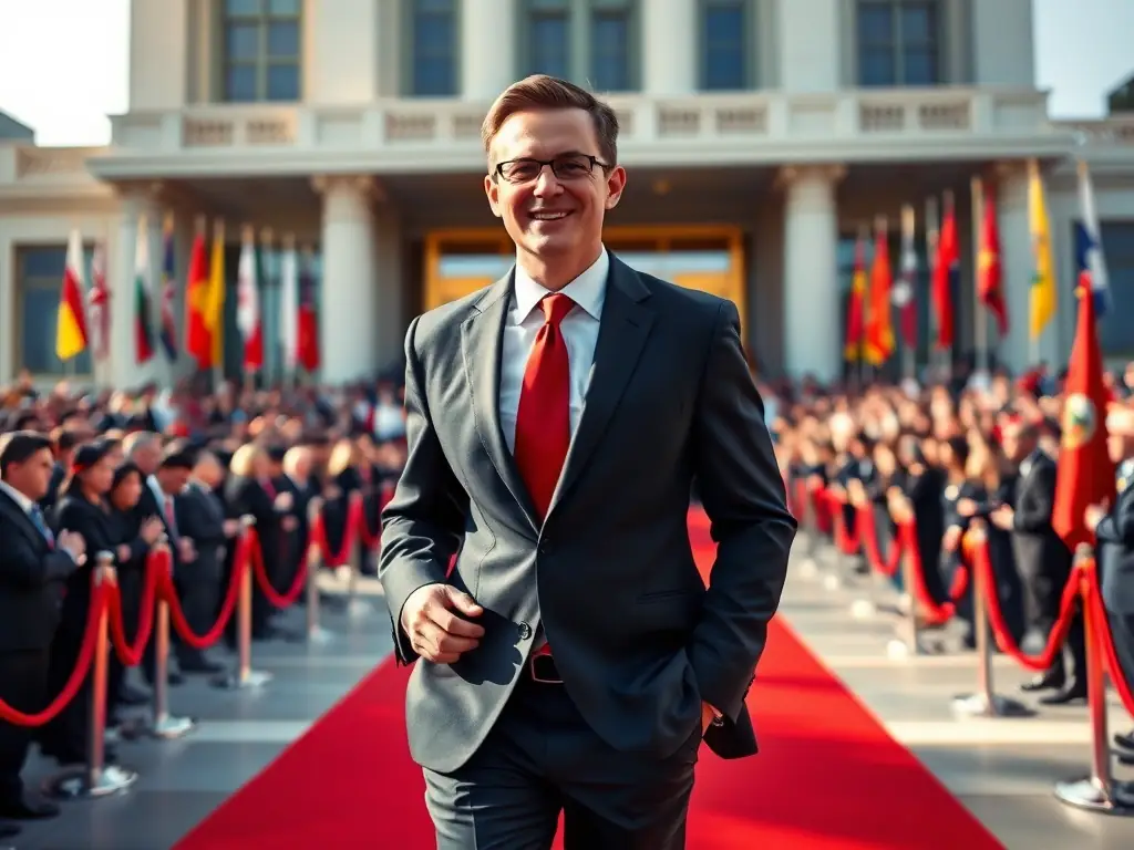 A business executive confidently steps onto a red carpet in front of a global audience, symbolizing a successful and confident market entry.