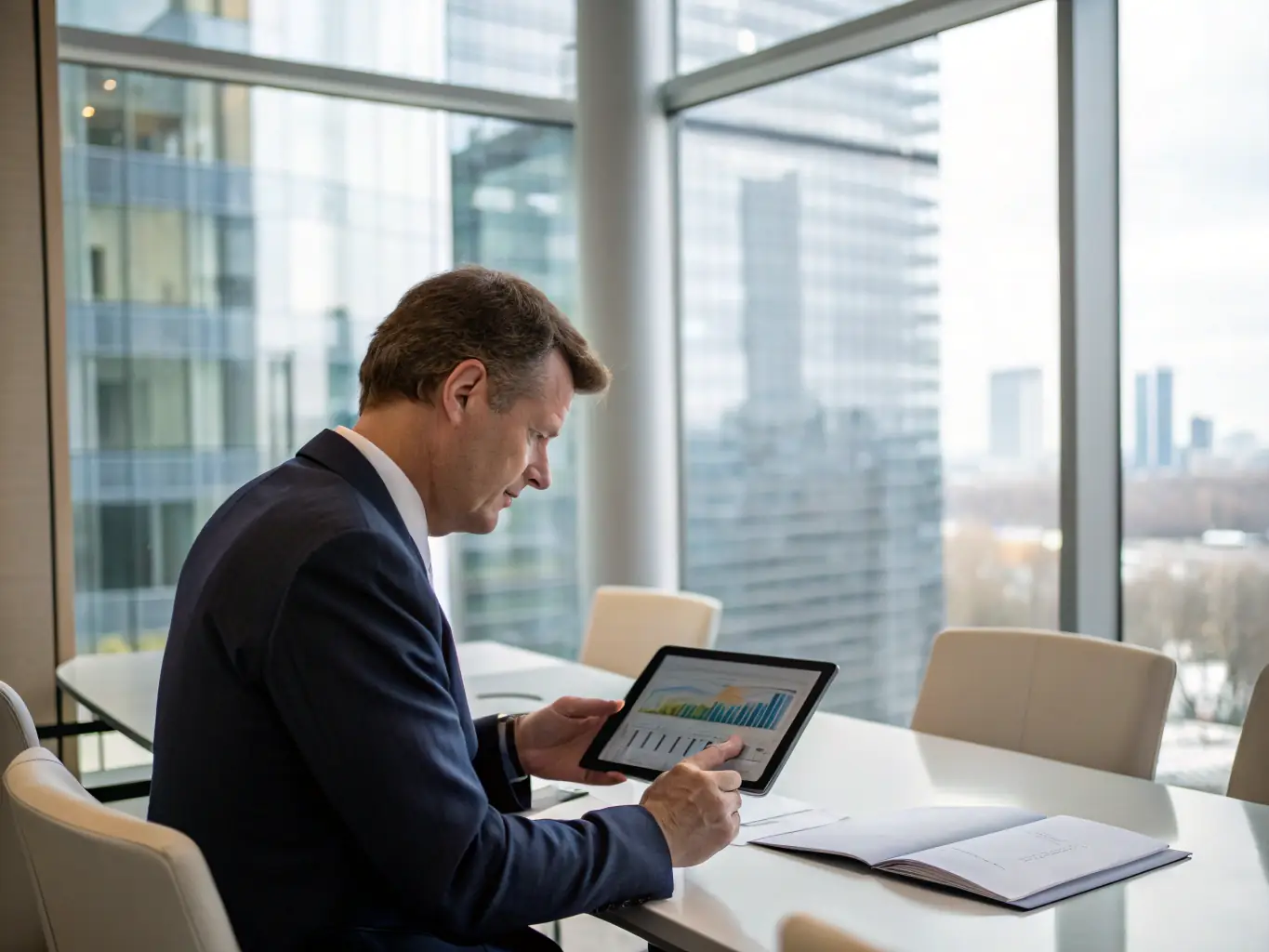A consultant in a business meeting, analyzing data on a tablet, with charts and graphs visible in the background, representing data-driven decision-making.