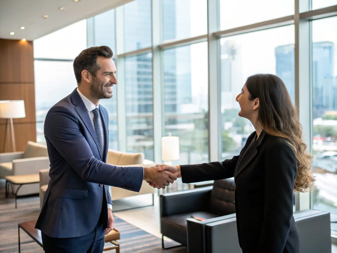 Two executives shaking hands in front of a global map, representing strategic partnerships and market expansion.