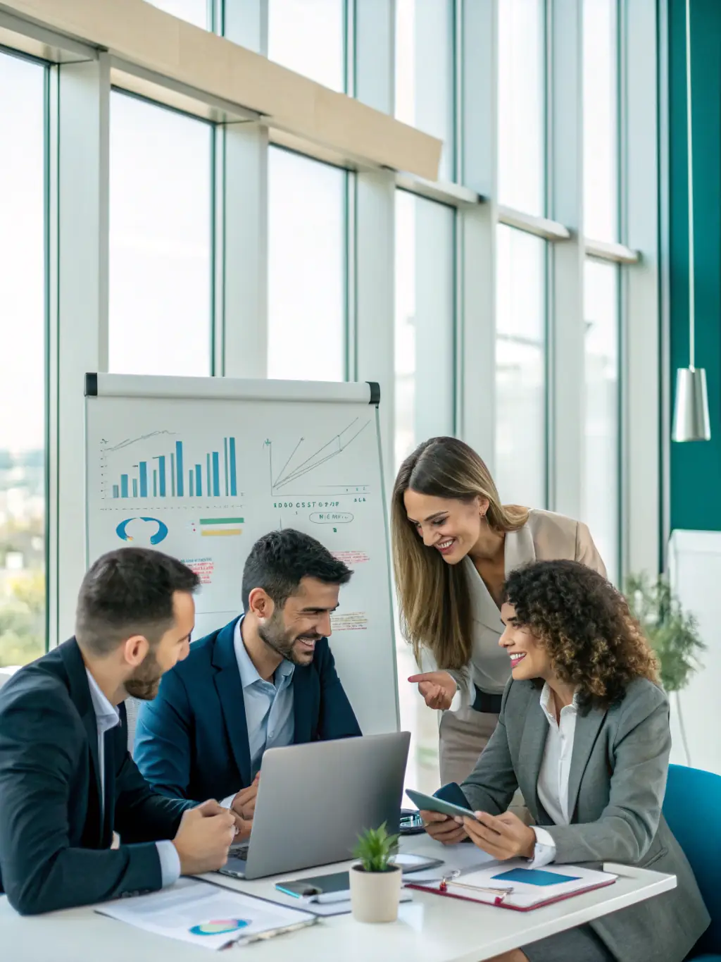 A professional photo of a team of international business consultants analyzing market data on a large screen, with world maps in the background, symbolizing market feasibility analysis.