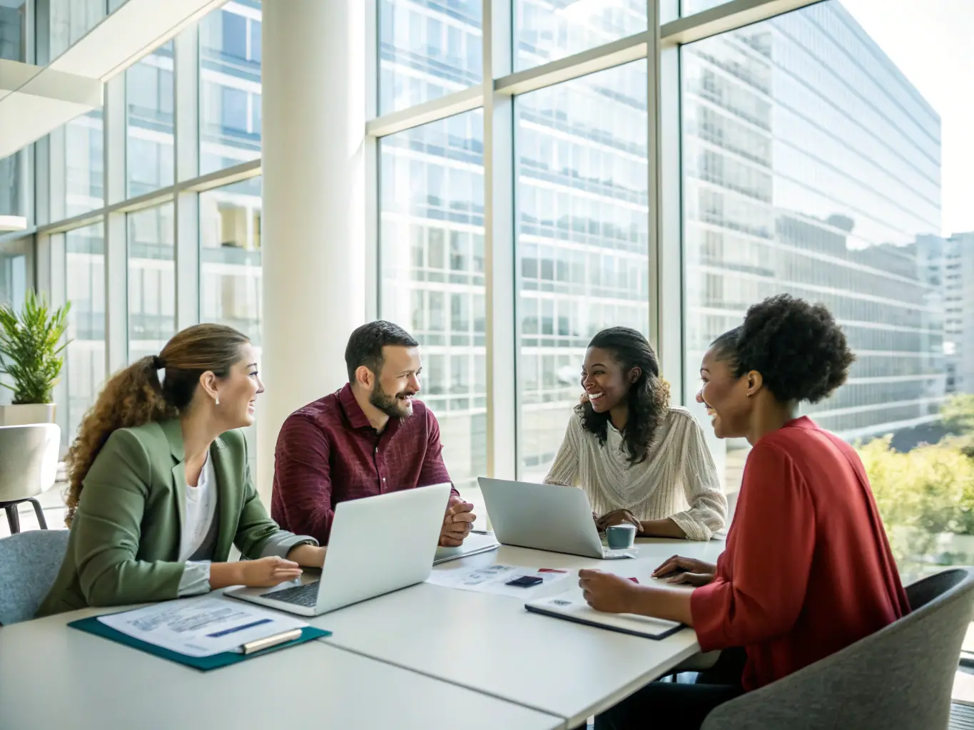 A diverse team of consultants collaborating in a modern office space, brainstorming ideas and developing strategic solutions for a client.
