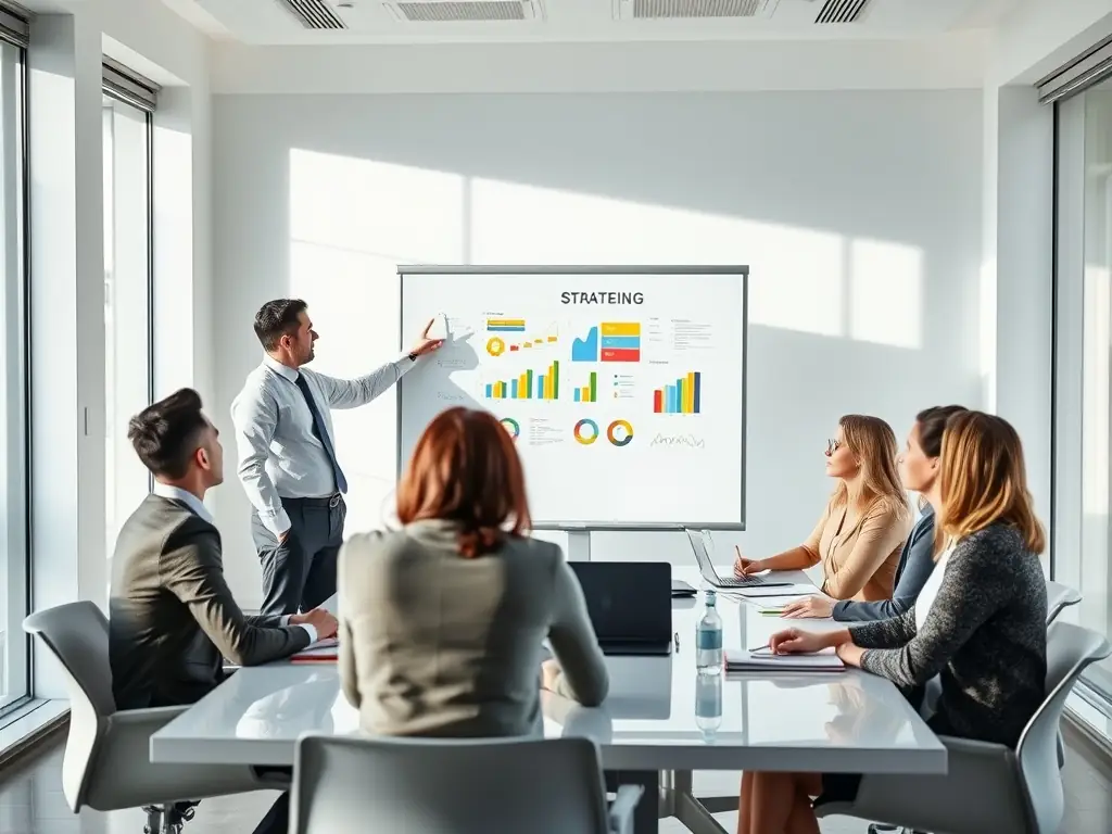 A consultant analyzing business model diagrams on a whiteboard, surrounded by team members in a modern office setting, symbolizing business model analysis.