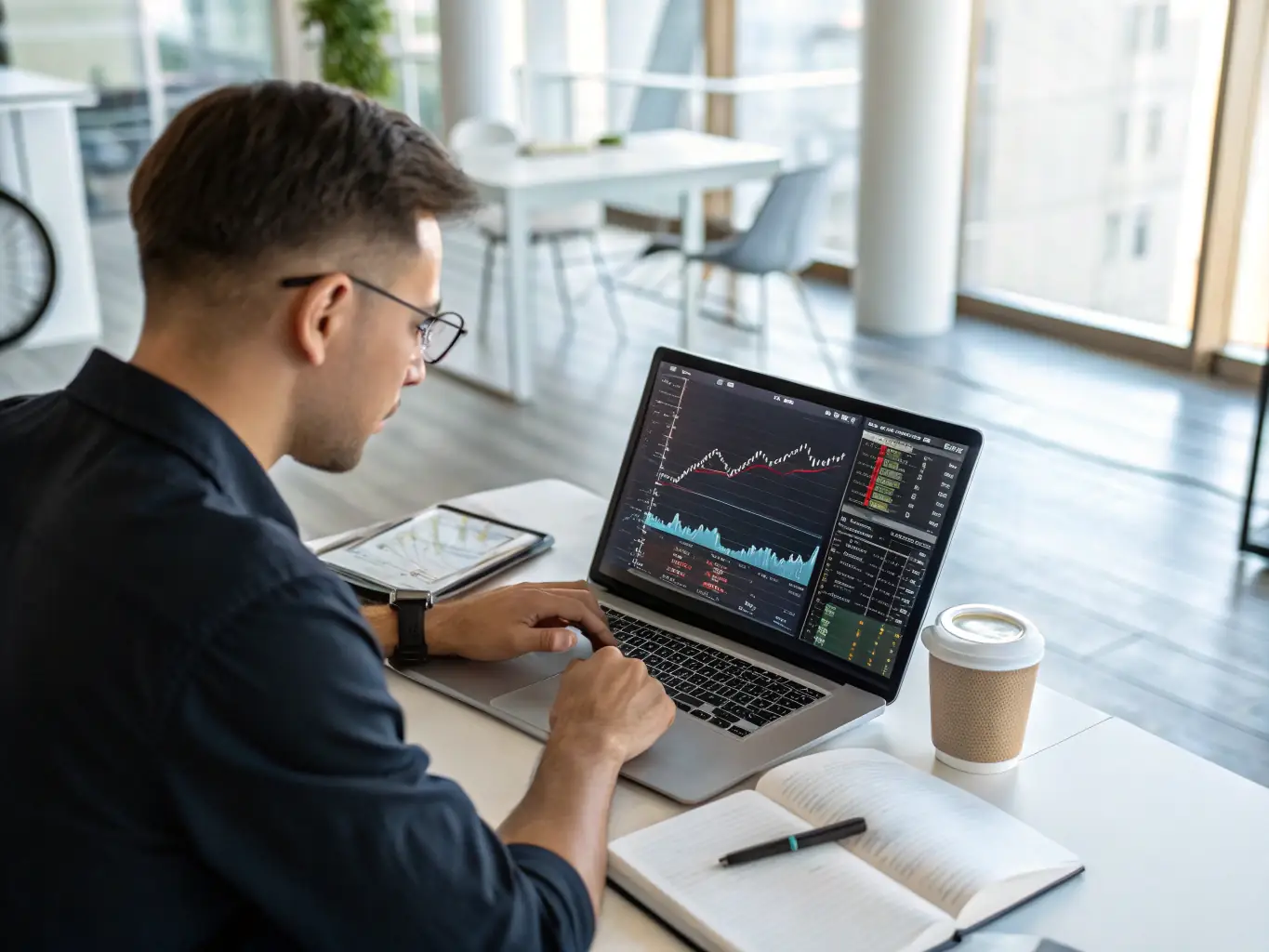 A financial analyst reviewing financial statements and market trends, with a focus on ensuring financial discipline and sustainable profitability.