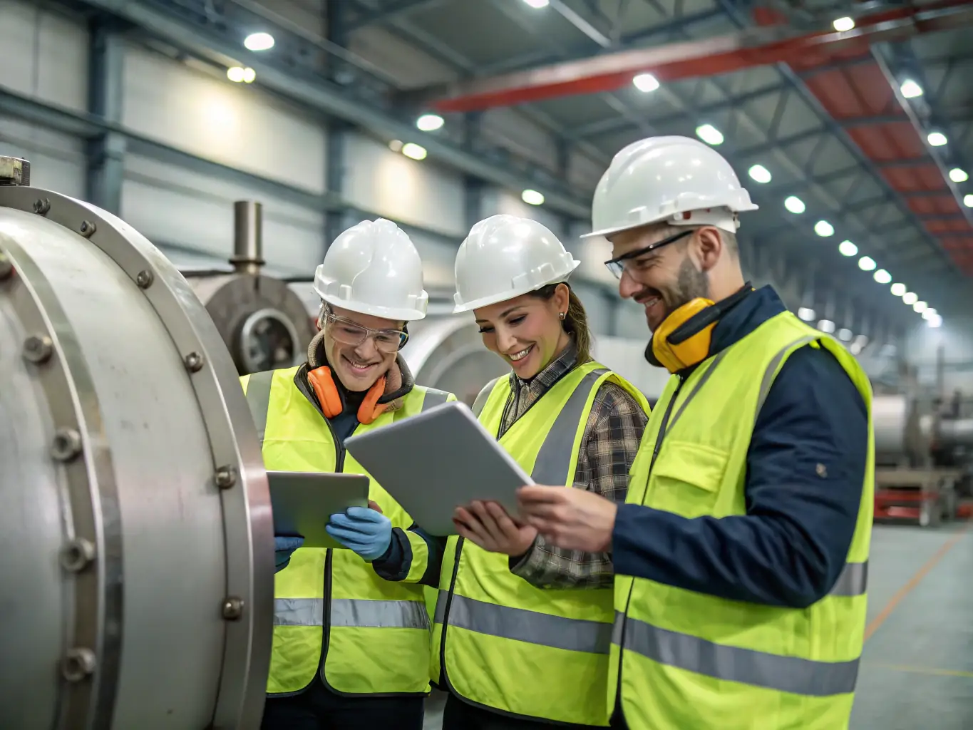 A team collaborating on optimizing operational processes in a manufacturing plant, showcasing operational optimization.