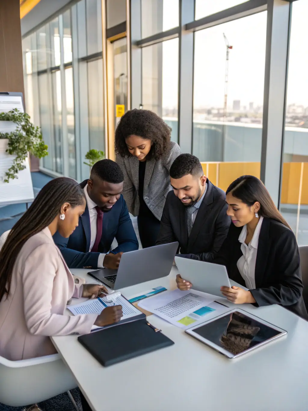 A diverse team collaborating in a bright, open-plan office, brainstorming business strategies, representing ARH Global Advisors' business consulting services.