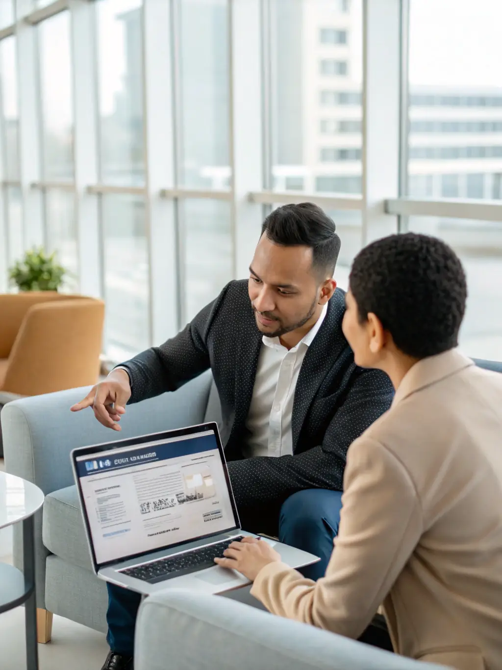 A professional photo of a consultant advising a client on visa options, with flags of different countries in the background, representing visa strategy.