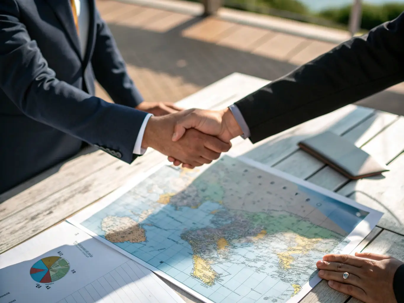 An image representing international real estate transactions, such as a handshake in front of a global map, highlighting ARH Global Advisors' expertise in international buyer advisory and compliance review.