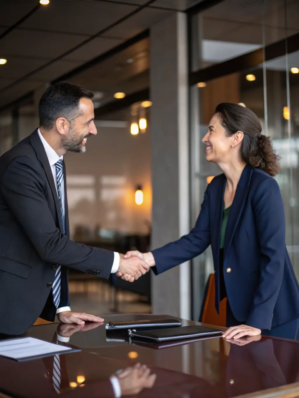 A professional photograph of a handshake between two business executives, symbolizing a successful private capital sourcing deal, set against a modern office background.