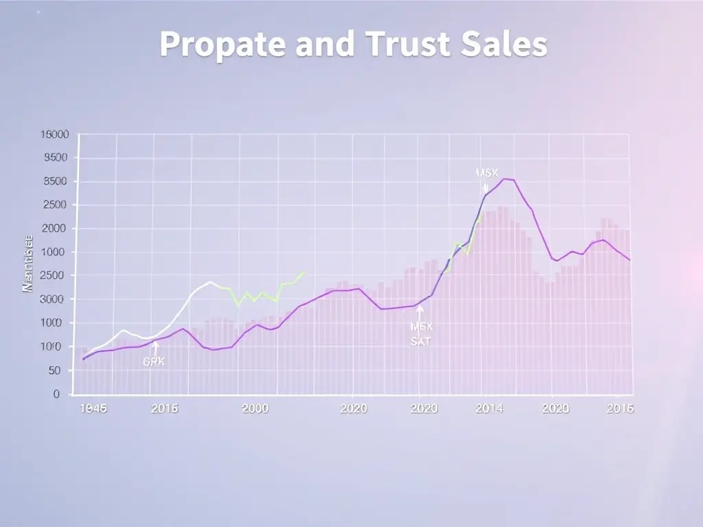 A graph showing trends in probate and trust sales in Manhattan, with annotations highlighting key data points and market shifts.