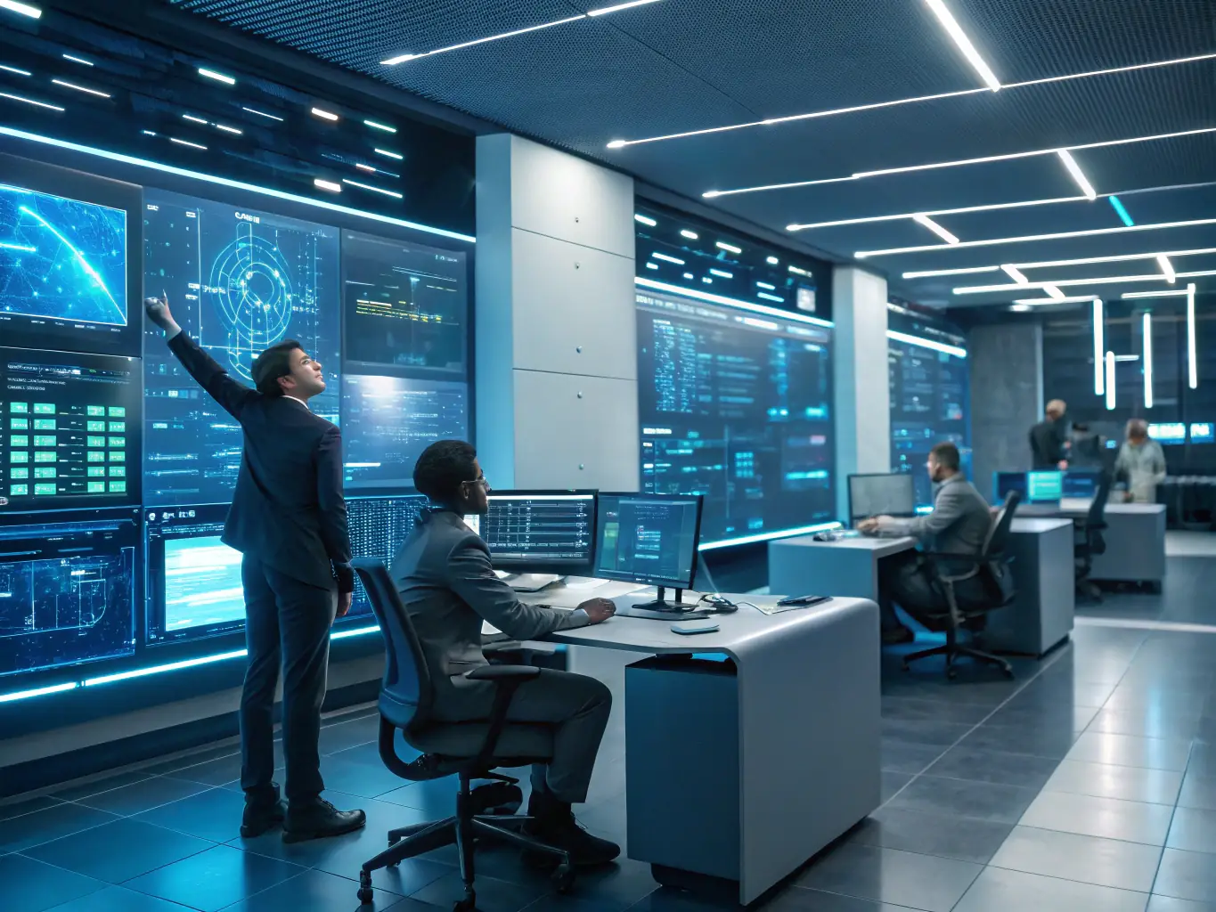A futuristic office environment showcasing AI-powered automation, with digital interfaces displaying data analytics and streamlined workflows.