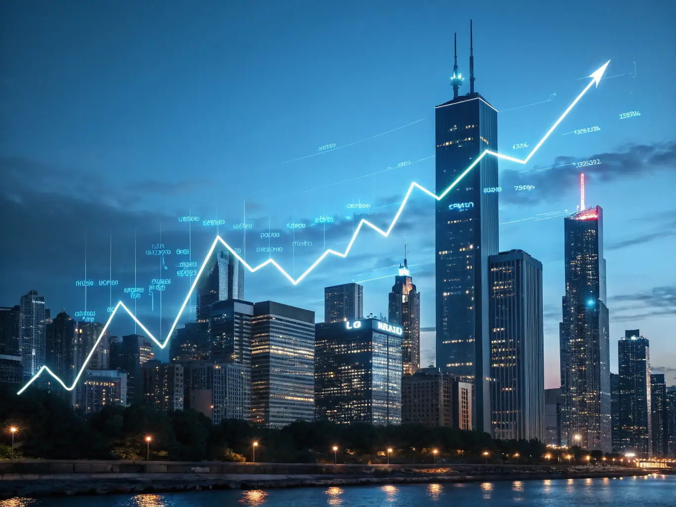 A graph showing a consistent upward trend, overlaid on a photo of the Manhattan skyline at sunset, representing the proven success and growth achieved by clients of Manhattan Business Sales & Exit Planning.