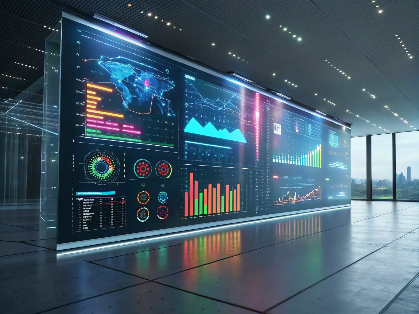 A futuristic interface displaying AI-driven operational systems, highlighting ARH Consulting's focus on leveraging technology for enhanced efficiency and decision-making.