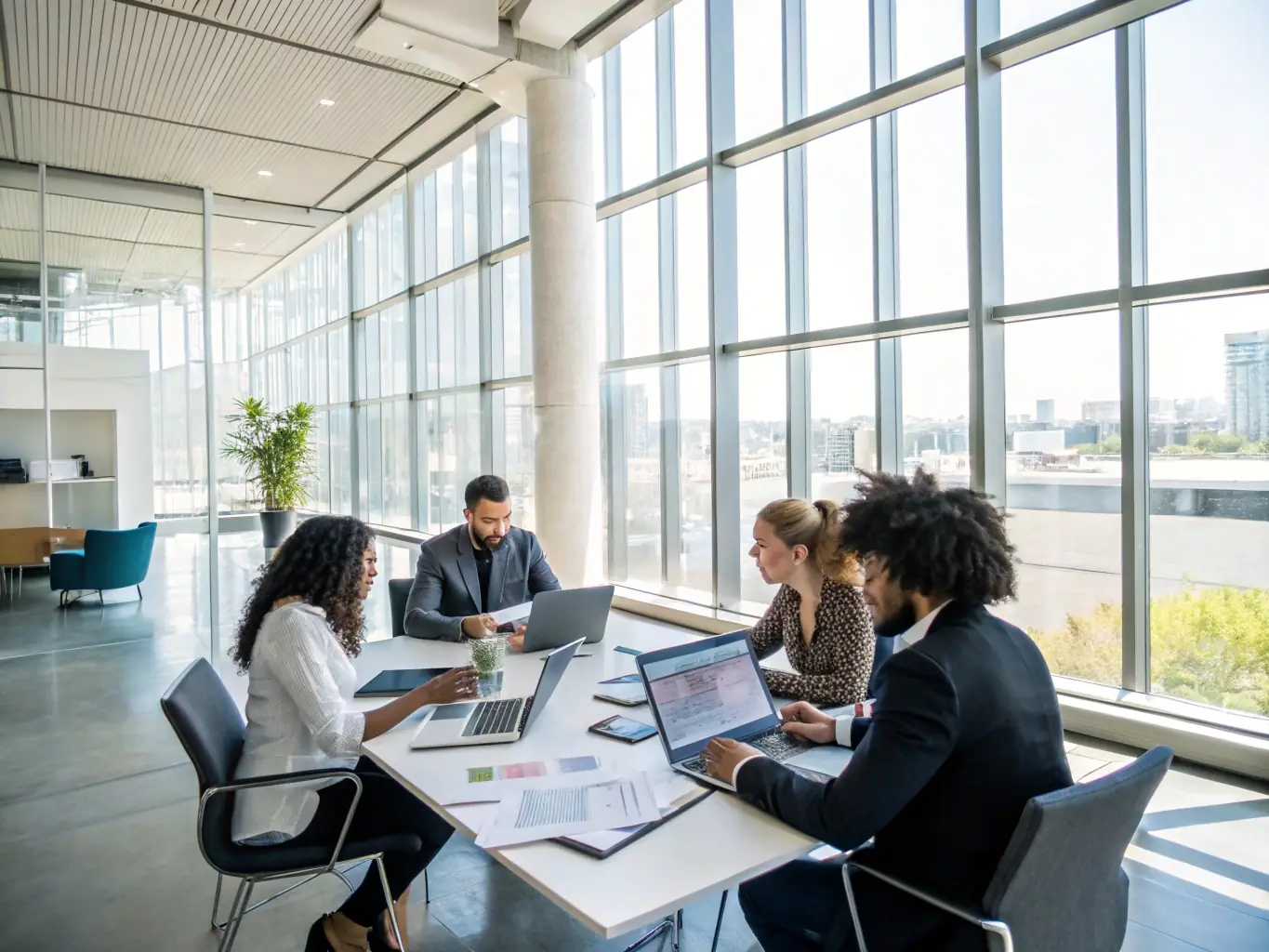 A modern office space in Brooklyn, with diverse team members collaborating on startup strategies, reflecting ARH Consulting's commitment to innovation and growth.