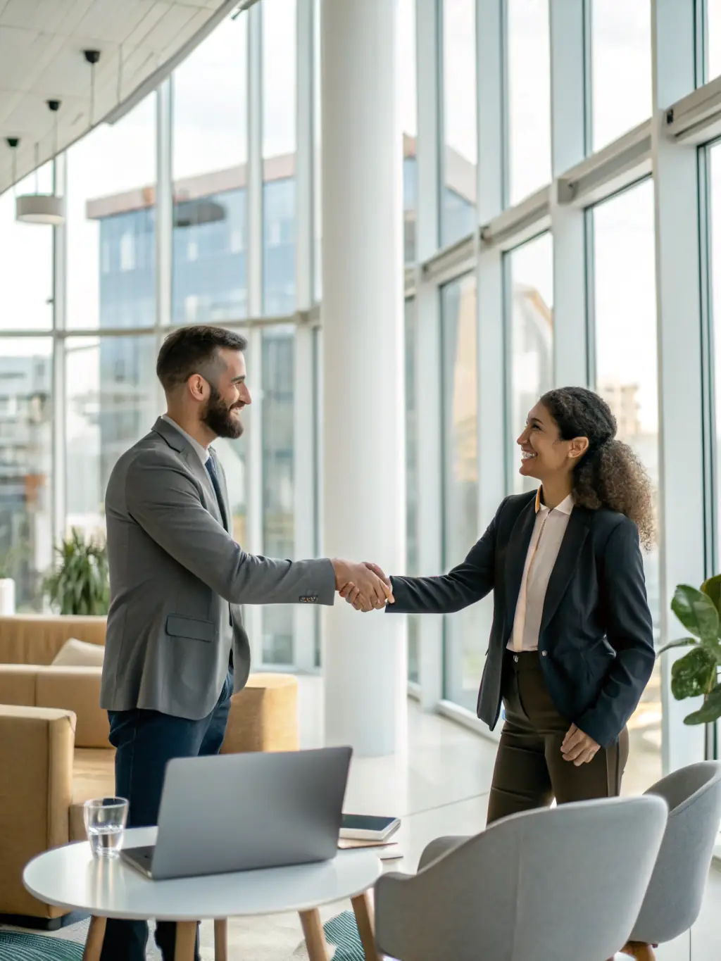 A successful Brooklyn startup founder shaking hands with an ARH consultant, symbolizing a strong partnership and shared success.