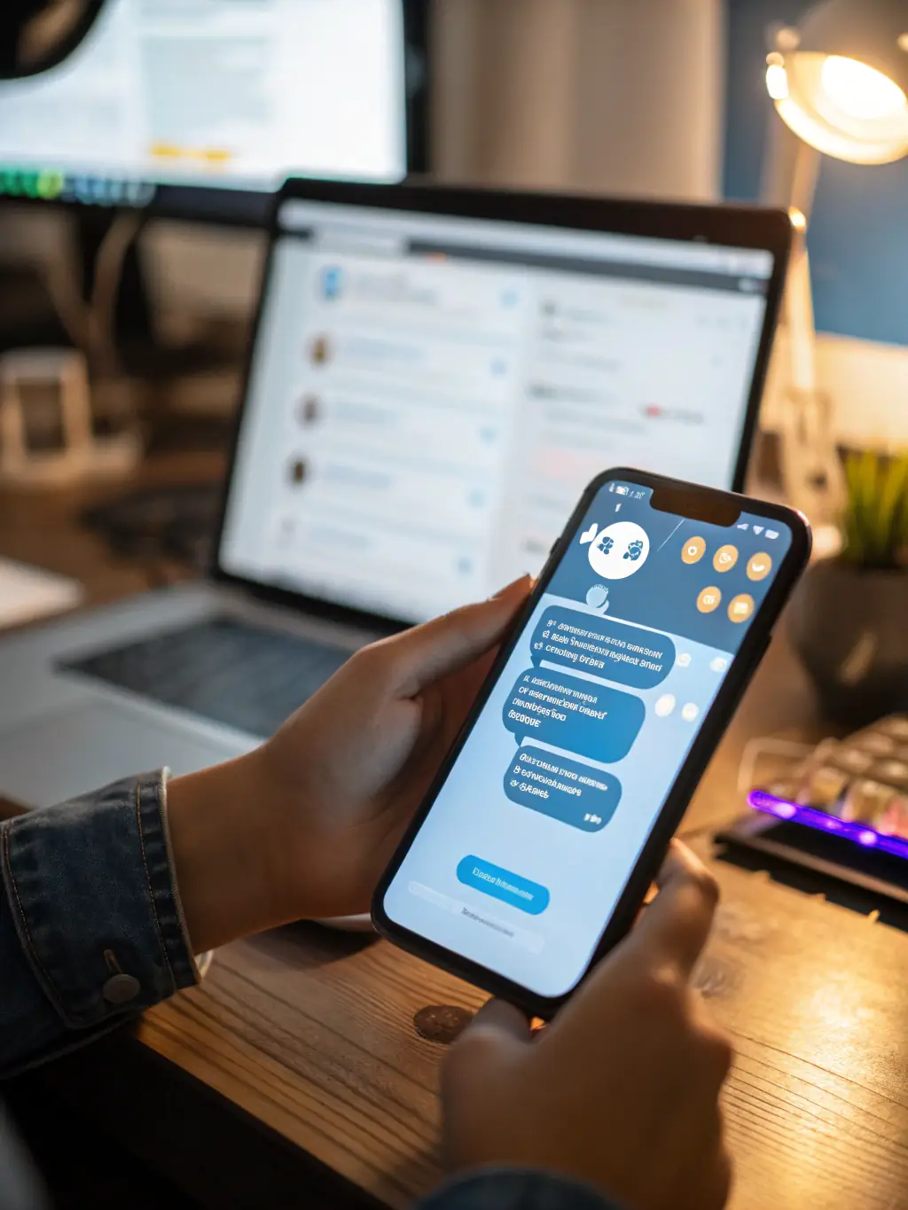 A close-up shot of a smartphone displaying a chatbot interface, with a small business owner smiling in the blurred background, showcasing AI-powered customer service.