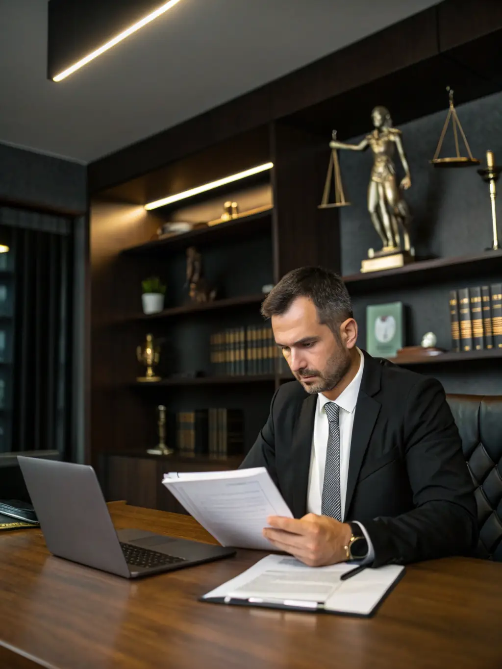 A professional attorney in a modern office setting, reviewing financial documents with a focused expression, symbolizing strategic financial planning for legal professionals.