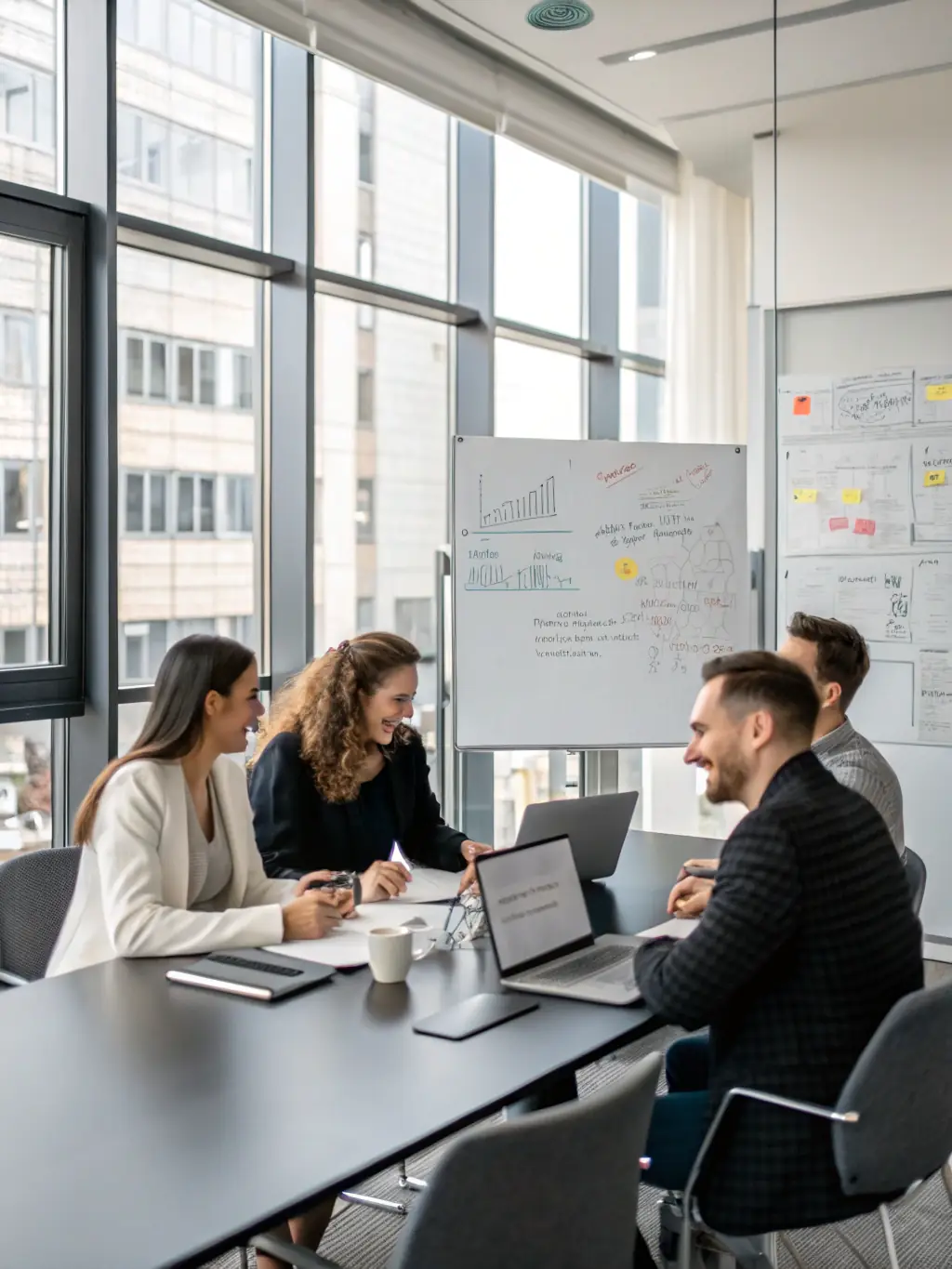 An image of a diverse team collaborating on business strategy in a co-working space with the Manhattan skyline in the background.