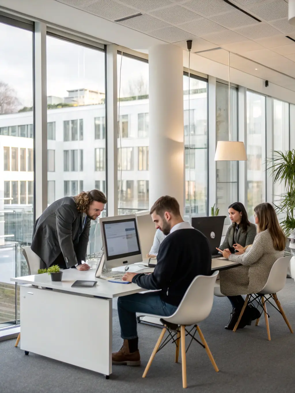 A modern, minimalist office space with several people working on computers, representing the tech industry. The image should convey innovation and collaboration.
