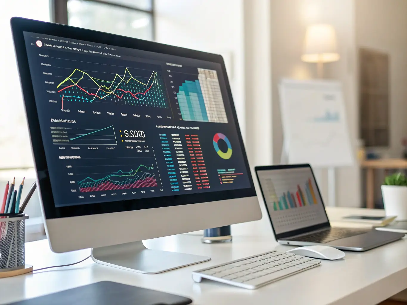 A detailed cash flow model displayed on a large monitor in a brightly lit office, showcasing financial projections and analysis.