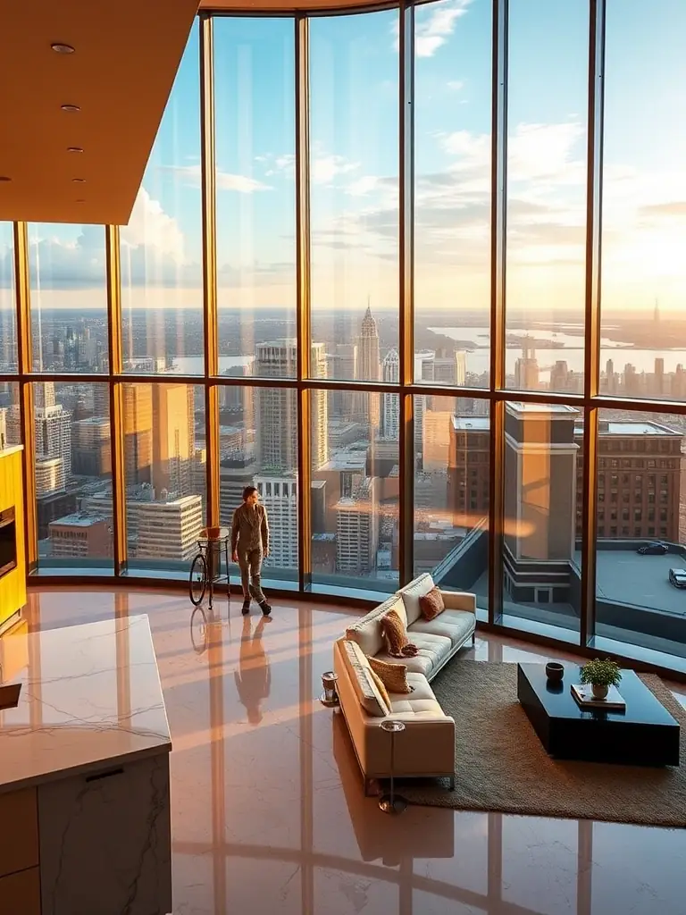 A modern luxury condo building in Manhattan with floor-to-ceiling windows overlooking the city skyline, emphasizing high-end real estate investment opportunities.