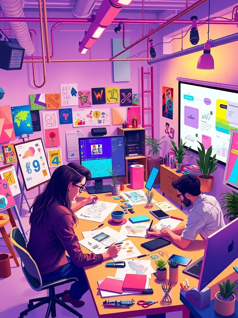 A brightly lit, open-plan creative studio with designers working on various projects, showcasing a vibrant and collaborative environment.