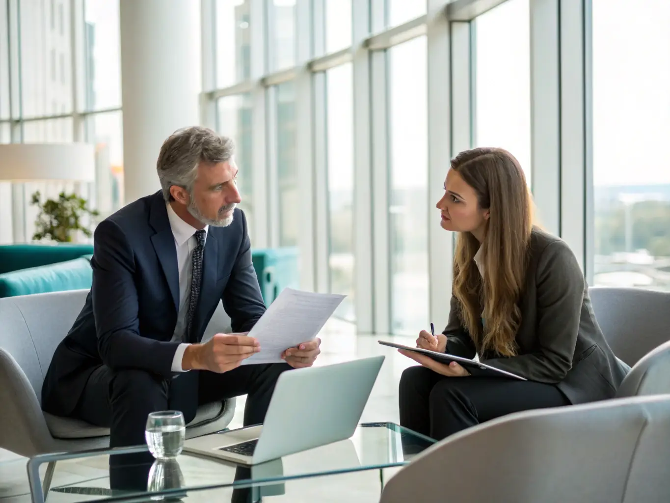 A professional mediator in a suit, sitting at a table with two clients, all looking calm and engaged in a productive discussion in a modern office setting.
