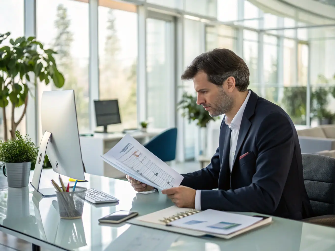 A professional advisor in a suit, sitting at a desk, reviewing financial documents with a client in a modern office setting, symbolizing structured guidance.