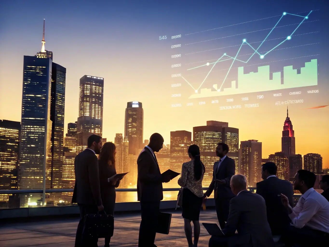 A graph showing upward trends next to a modern cityscape, symbolizing investment strategy.
