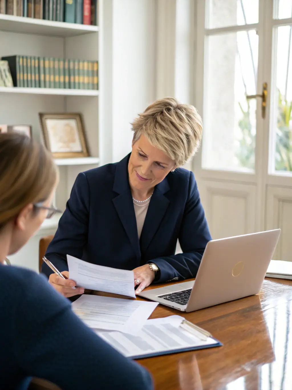 A high-income professional, such as a doctor or lawyer, reviewing investment options with a financial advisor in a well-lit office.