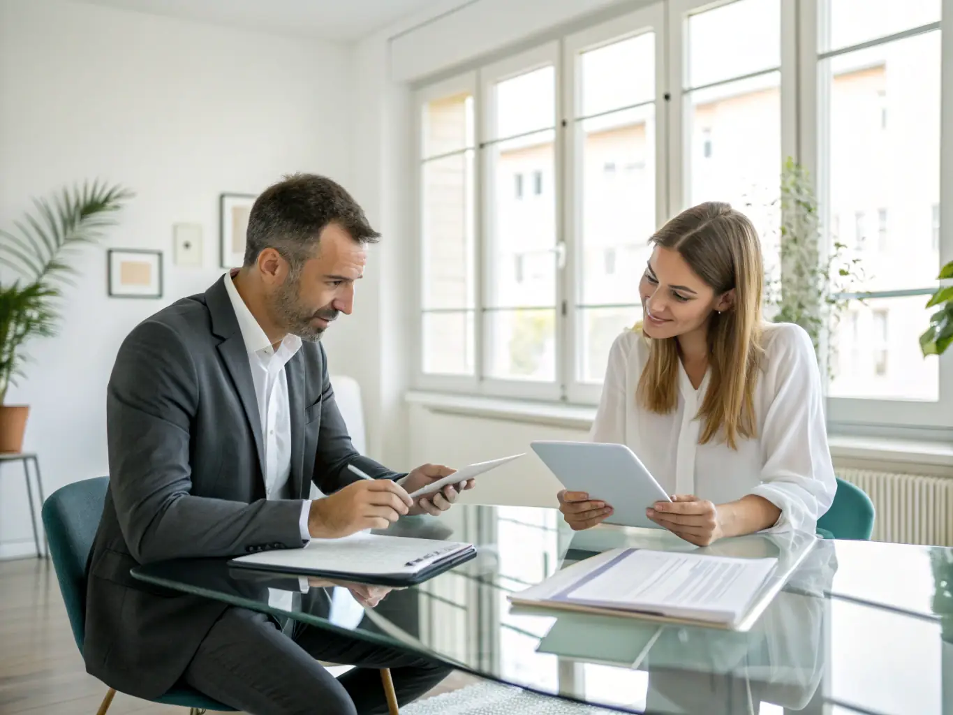 A professional workspace featuring a consultant reviewing financial documents with a business owner, symbolizing fractional COO services.