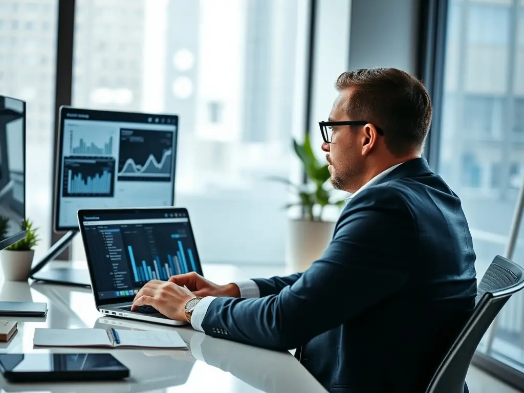 A professional investor is analyzing real estate market data on a computer screen, with charts and graphs illustrating investment trends in New York City.