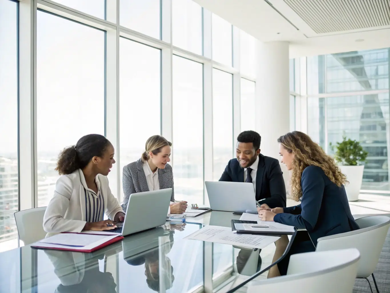 A professional photograph of a diverse team of business consultants collaborating in a modern Brooklyn office, reviewing documents and discussing business strategies, symbolizing expert guidance.
