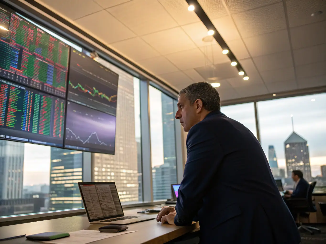 A professional in a suit is analyzing market data on a large screen, with charts and graphs illustrating potential investment opportunities. The setting is a modern office with a view of a bustling city.