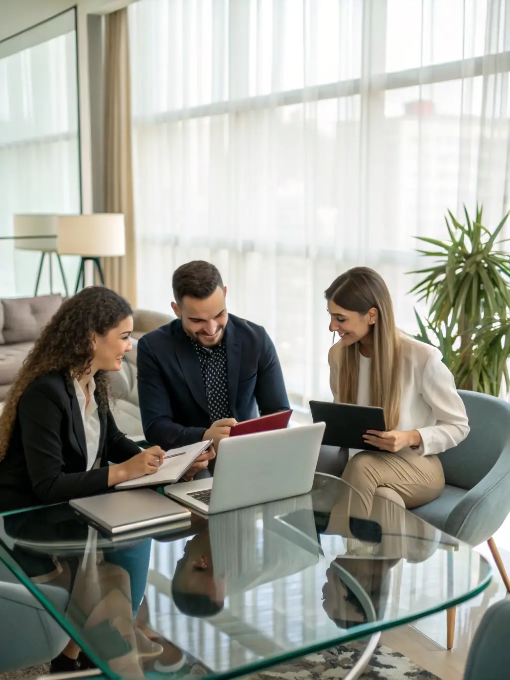 A diverse group of potential buyers meeting with a business owner in a sleek Manhattan conference room, symbolizing buyer sourcing.
