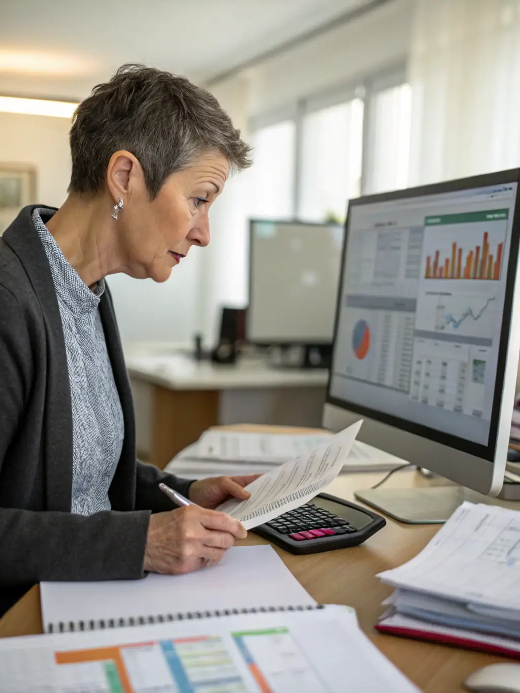 A professional appraiser meticulously examining financial documents in a modern Manhattan office, representing valuation support services.