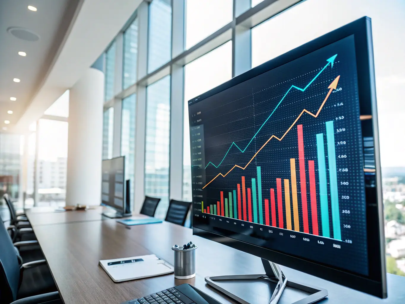 A graph showing increasing profits, with Manhattan skyscrapers in the background, representing financial success and business growth in the city.