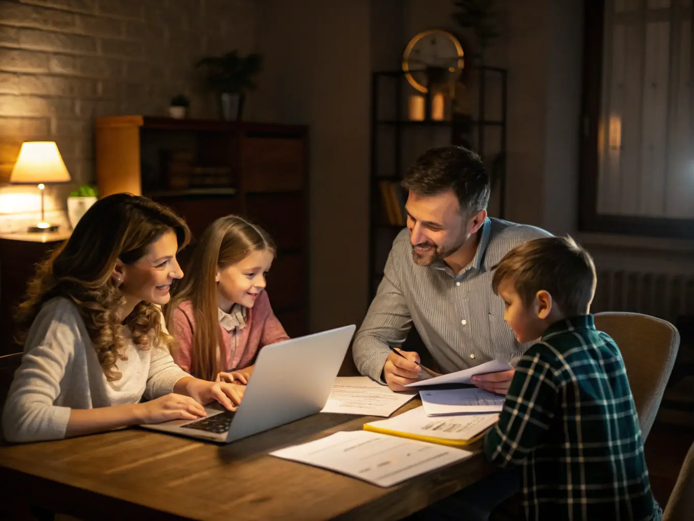 A family is sitting at a table with a financial advisor, discussing their long-term financial goals and estate planning strategies. The atmosphere is warm and collaborative.