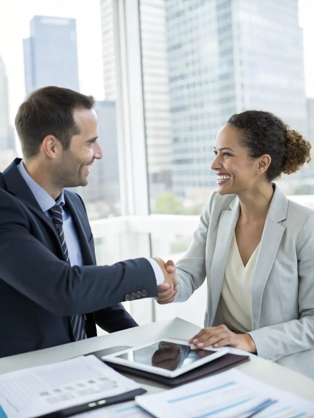 A photo of a handshake between two business partners in front of a Manhattan office building, symbolizing a successful business launch.