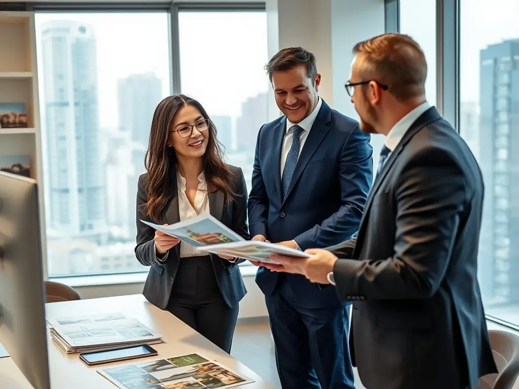 An elegant image featuring a real estate brokerage office with agents discussing property deals, illustrating ARH Global Advisors' services for the real estate industry.