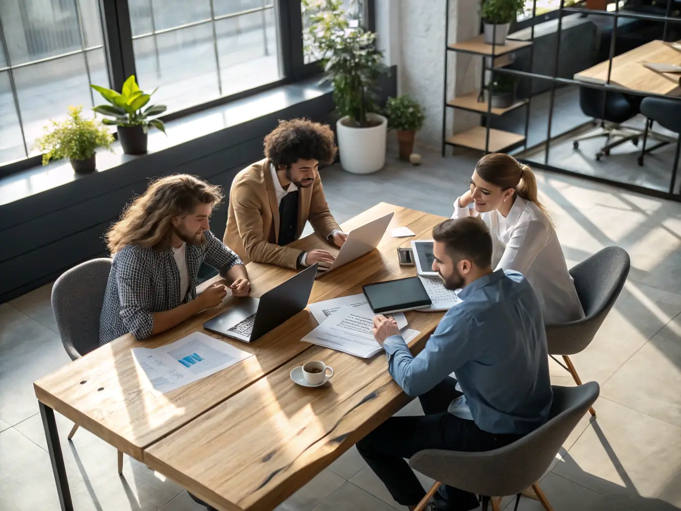 A dynamic image showcasing a group of startup employees brainstorming in a collaborative workspace, representing ARH Global Advisors' support for emerging businesses.