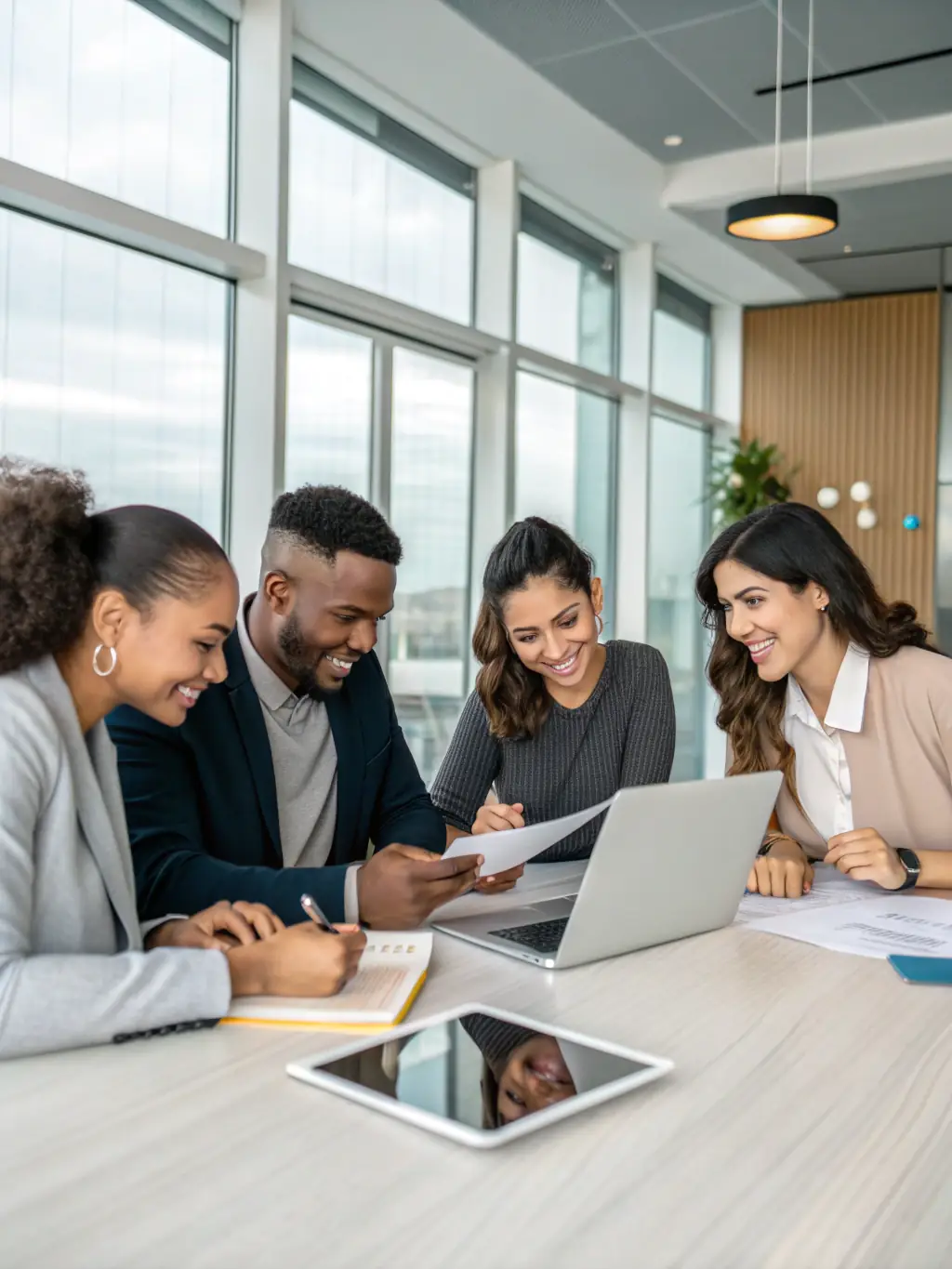 A photograph of a diverse team of employees collaborating seamlessly, with AI-powered tools displayed on their devices, representing improved teamwork and communication.