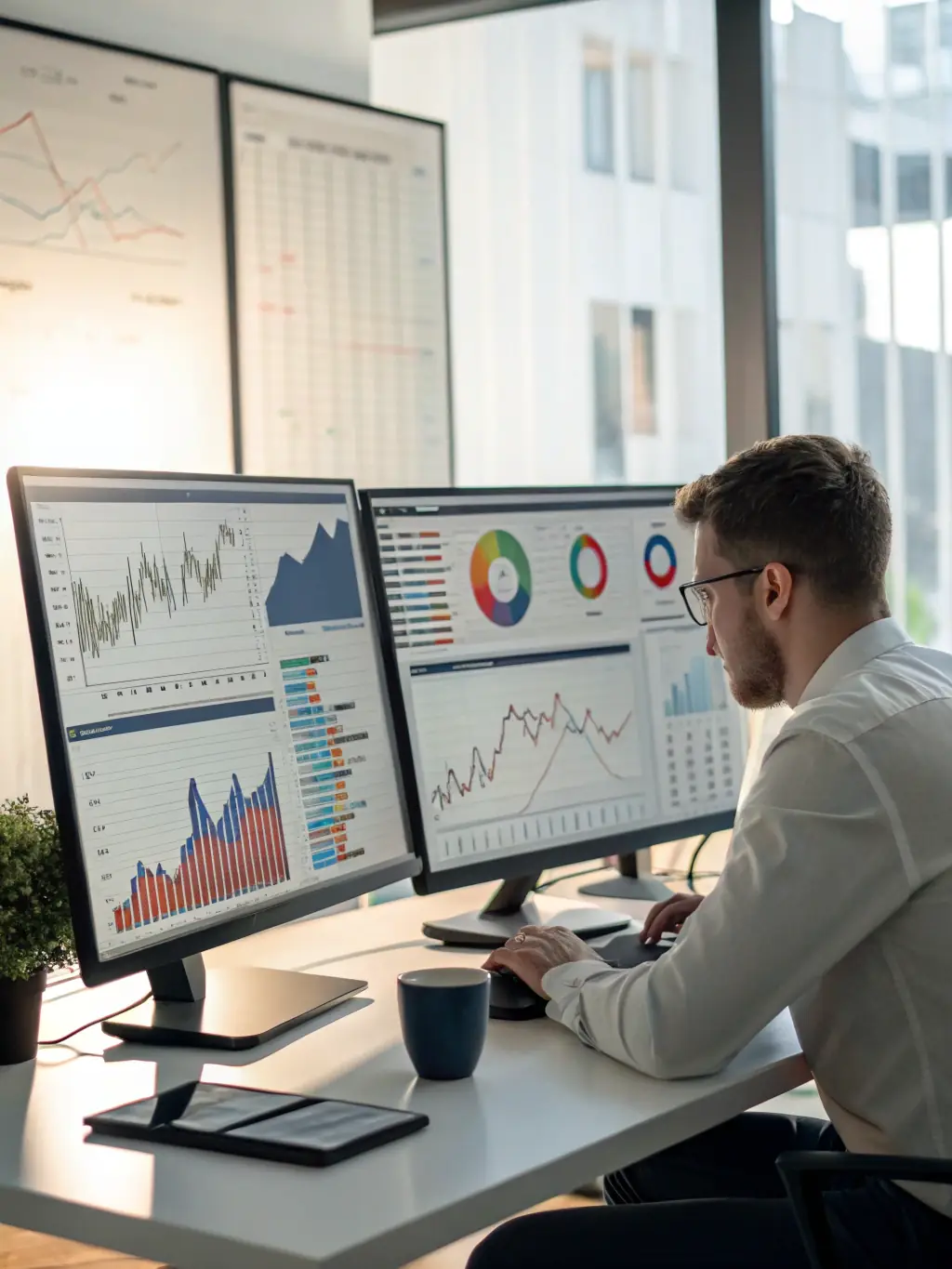 A detailed image of a data analyst reviewing market trends on a large screen, with charts and graphs illustrating key real estate indicators in Manhattan.