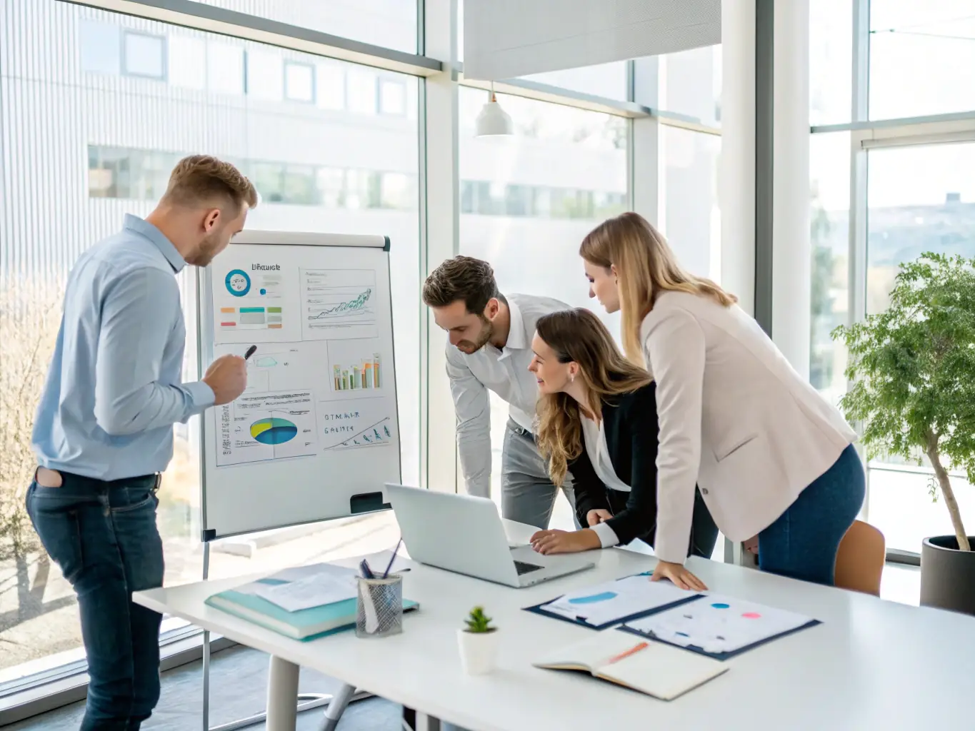 A diverse team collaborating in a modern office, brainstorming growth strategies and market expansion plans on a whiteboard.