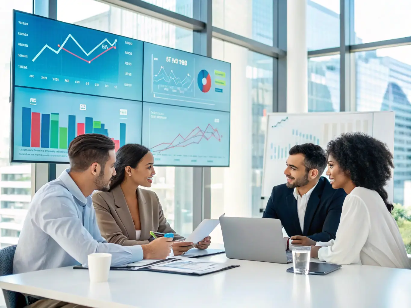 A team of financial advisors is collaborating on entity structuring strategies in a bright, modern office. They are reviewing documents and discussing the best approach for a client's unique situation.