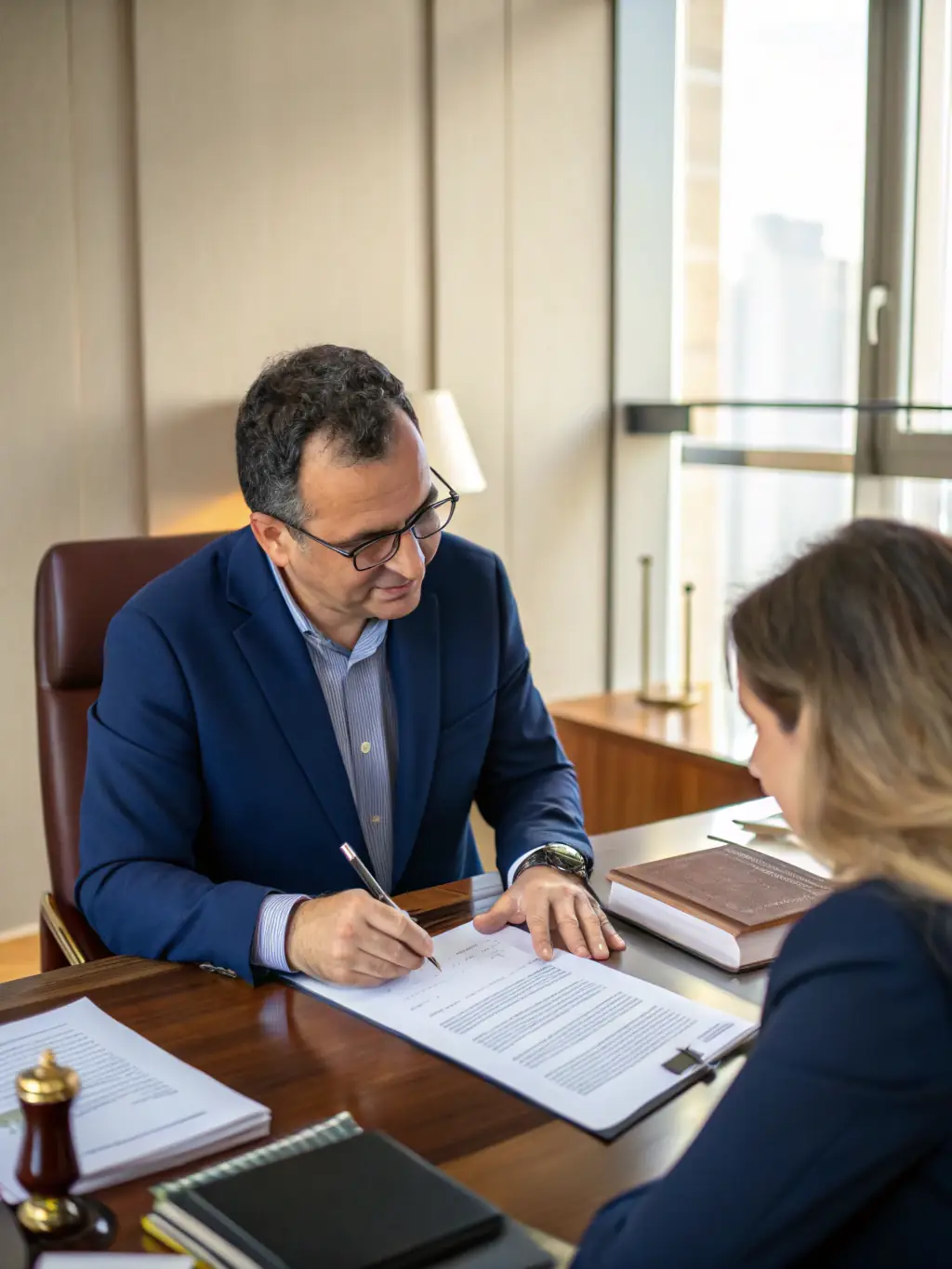 A professional photo of a lawyer reviewing formation documents in a modern Manhattan office, emphasizing attention to detail.