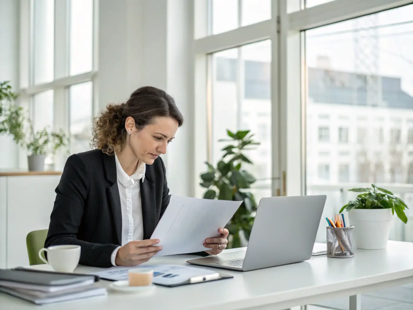 A consultant reviewing insurance documents at a brightly lit modern office, focusing on policy details with a magnifying glass, symbolizing thorough analysis.