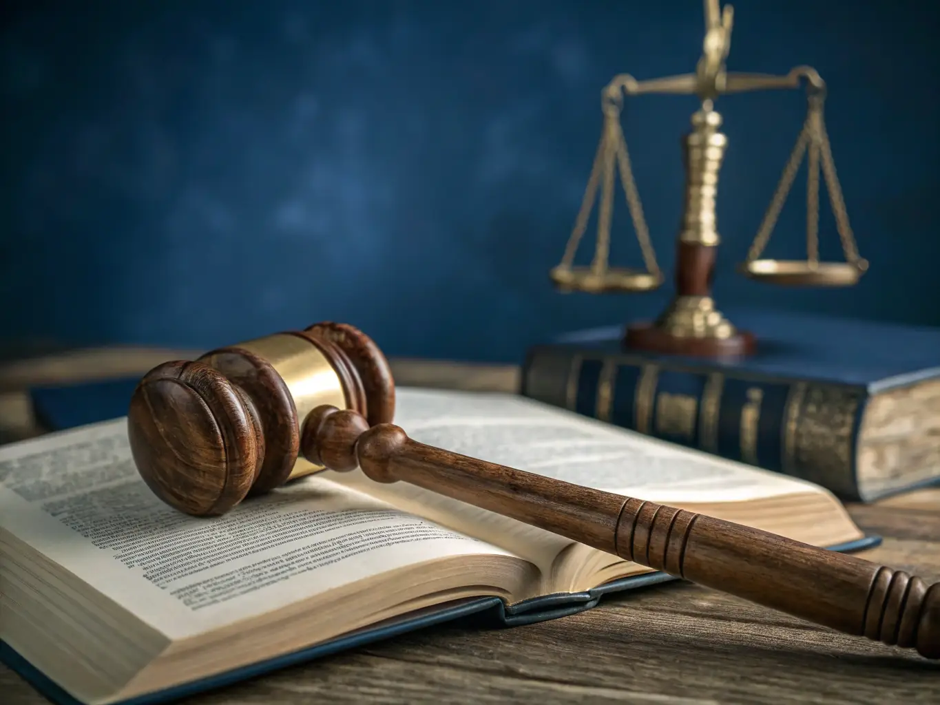 A gavel and law books on a polished wooden table in a sophisticated law office, representing legal insight.