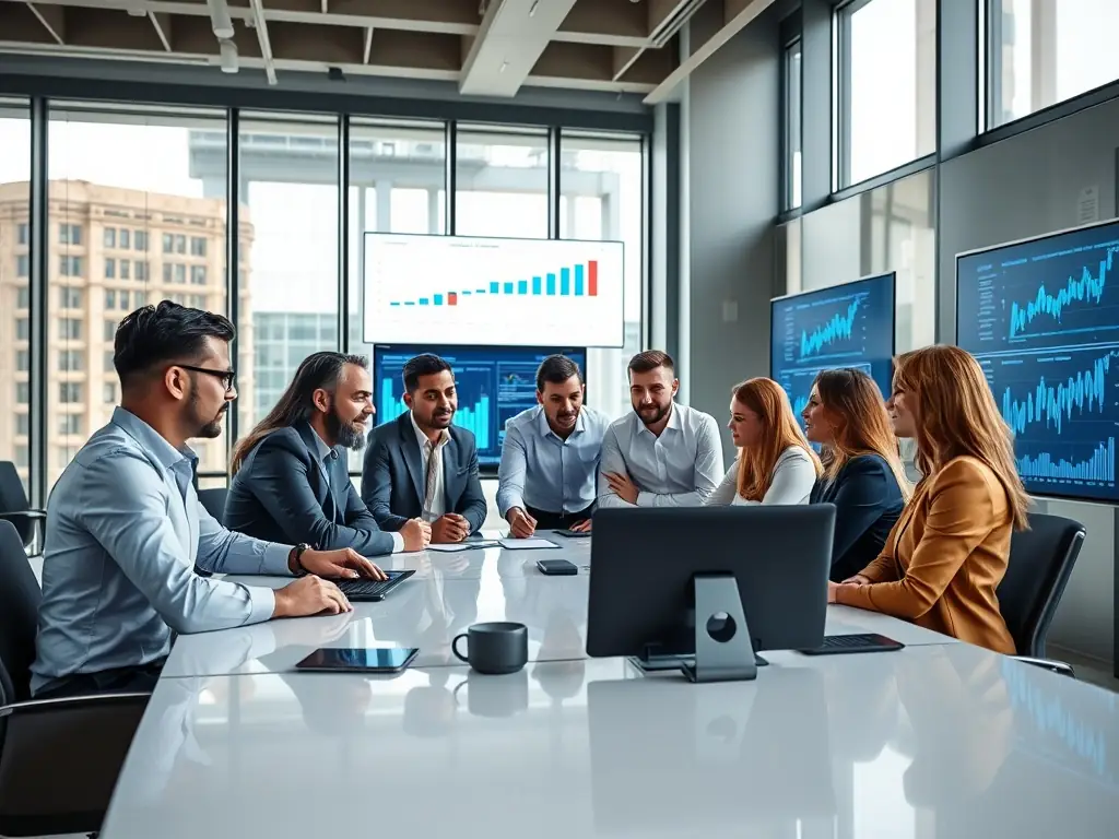 A diverse group of international investors collaborating in a modern office setting, reviewing EB-5 project options and investment structures.