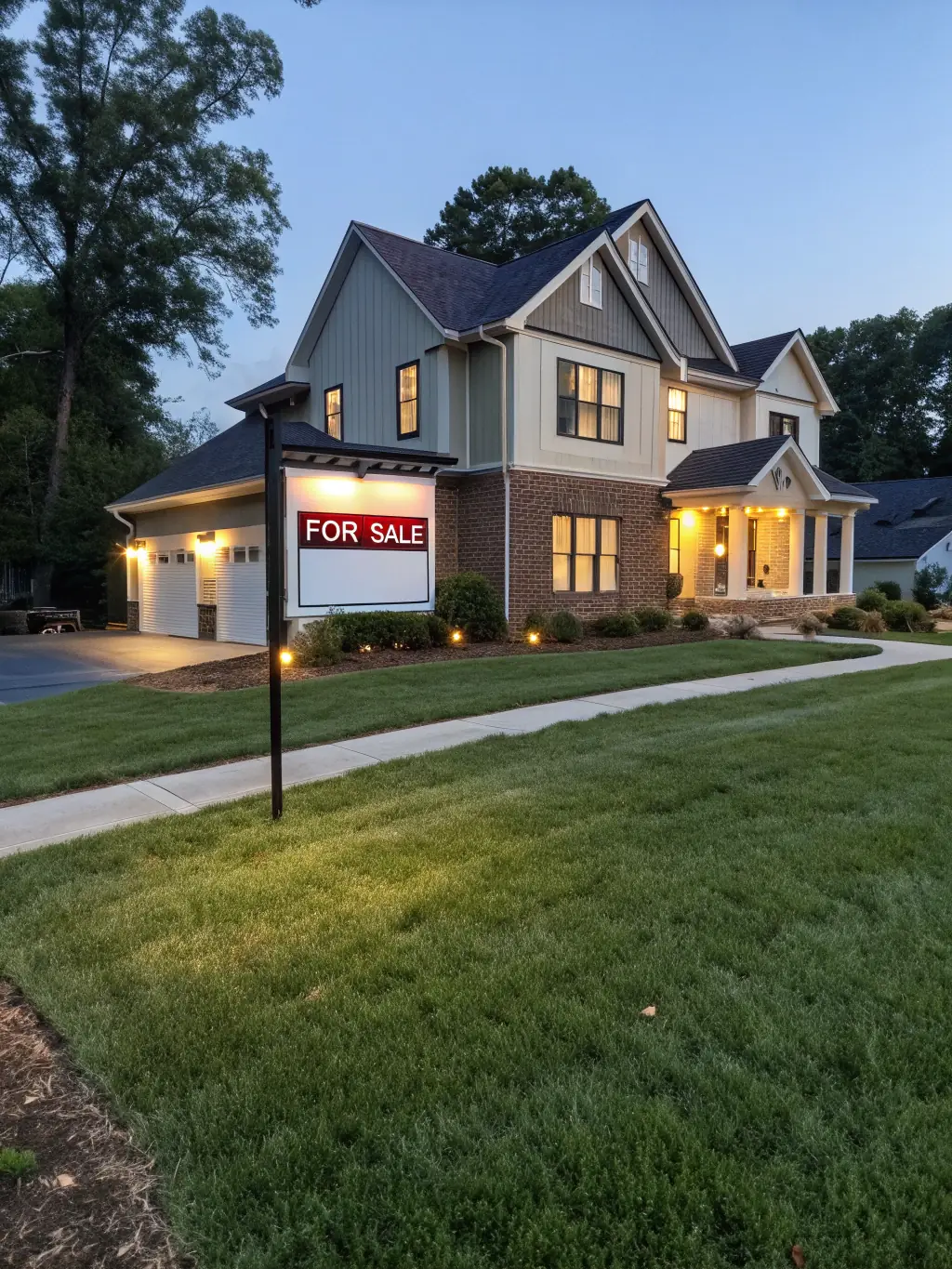 A modern house exterior with a 'For Sale' sign, suggesting a real estate transaction, under a sunny sky, symbolizing the potential for resolution through mediation.
