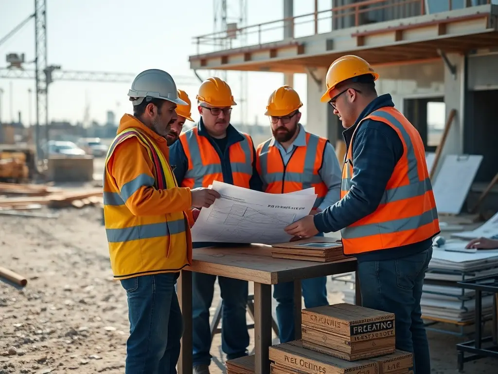 A detailed photograph showcasing a team of construction consultants reviewing blueprints on a bustling New York City construction site, emphasizing collaboration and expertise.